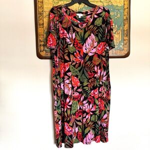 Time and Tru Tie Butterfly Sleeve Botanical Tropical Dress Pockets Pink 0X 14W